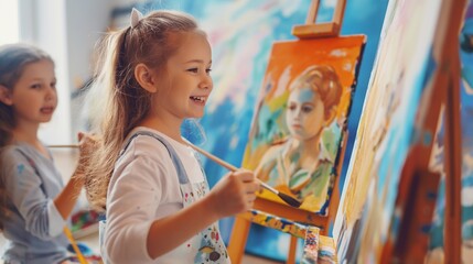 A happy kid enthusiastically using paintbrushes and easels to create vibrant artworks, capturing the essence of creativity, fun, and artistic expression in a lively and inclusive classroom setting