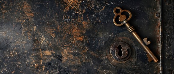Antique Brass Key on a Rustic Metal Surface