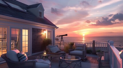 The rooftop terrace of a Suburban Cape Cod home, designed for optimal viewing of sea sunsets and equipped with a telescope for stargazing