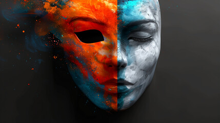 A colorful, expressive mask lying next to a plain, expressionless mask symetrical, symbolizing the hidden realities of mental health and the stigma surrounding it.