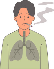 Man smoker with lung cancer suffers from nicotine addiction, stands with cigarette in mouth. Problem smoking destroyed health of smoker, unable to give up cigarettes and lead healthy lifestyle.