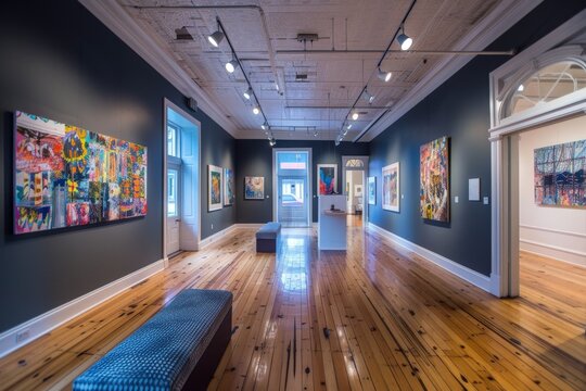 A trendy art gallery with contemporary artwork on display.