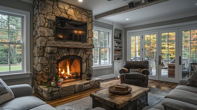 The rustic stone fireplace in a Suburban Cape Cod home's living room, creating a cozy gathering spot for chilly evenings