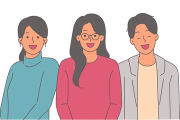 Happy men and women look at screen with smile, laughing after hearing joke or positive news. Happy people enjoy life and opportunity to spend time with friends without noticing problems