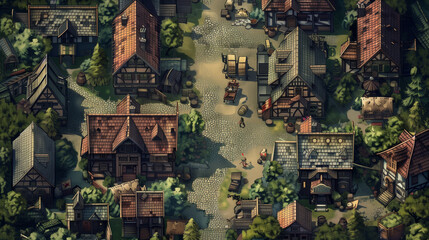Fototapeta premium RPG fantasy top down city game map, Village Game Illustration