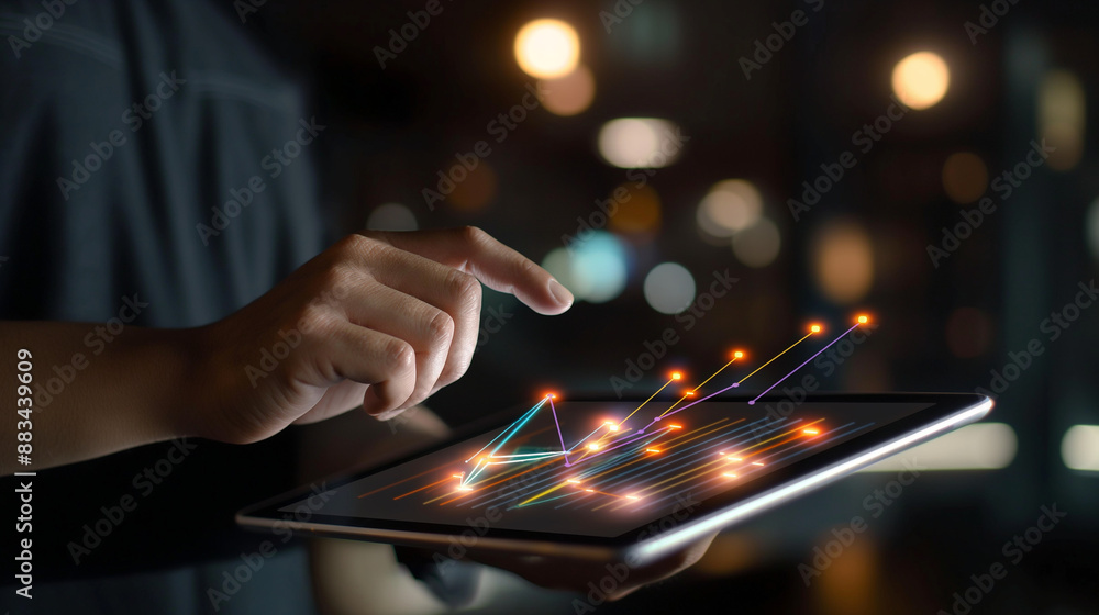 Poster a dynamic line graph on a tablet screen held by a business professional, with clear indicators of pe