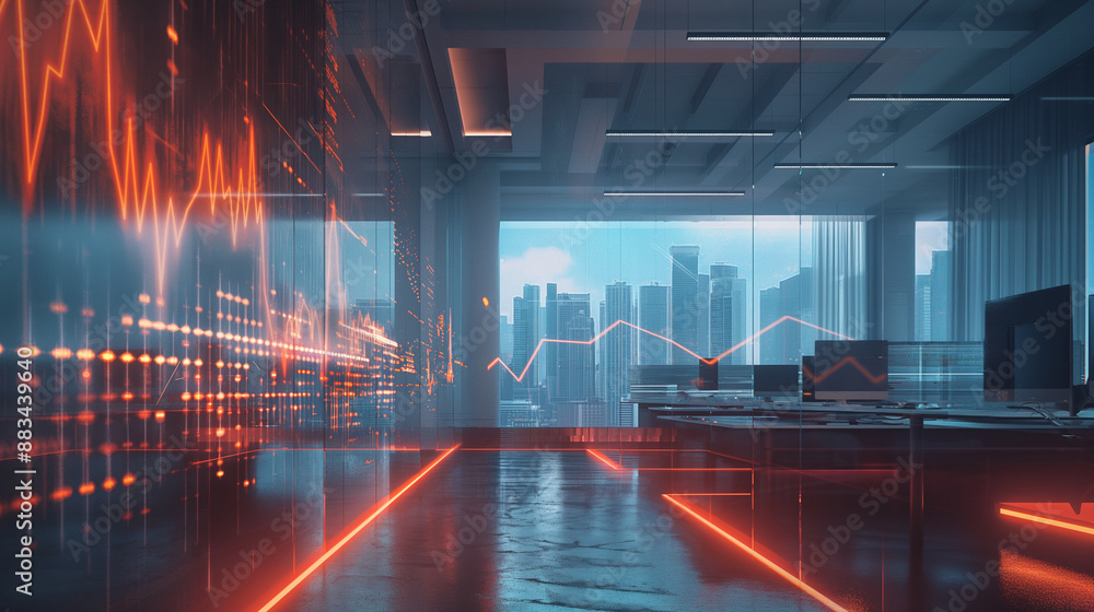 Poster a futuristic office space with a holographic line graph floating in the air, displaying financial pe
