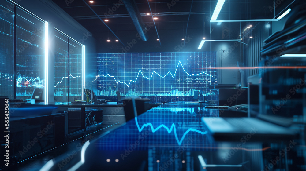 Poster a futuristic office space with a holographic line graph floating in the air, displaying financial pe