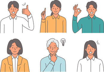 Positive business people make gestures of approval and smile as sign of support and solidarity for colleagues. Male and female interpreters show thumbs up or okay symbol to support viewer