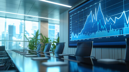 A large screen in a modern boardroom displaying a line graph with a steep, unbroken incline, signifying consistent financial growth.