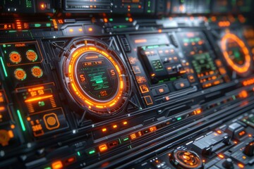 Obraz premium Futuristic Science Fiction Command Center with High-Tech Display Panels, Advanced Interfaces, and Vibrant LED Indicators in Dark Setting