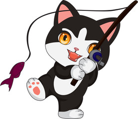 Friendly cat mascot fishing with a fish rod