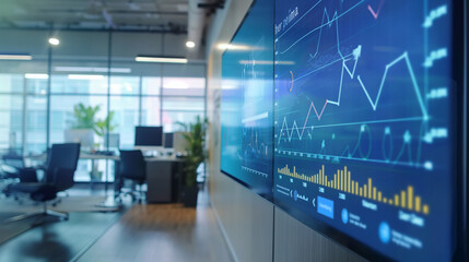 An interactive line graph on a large touch screen in a modern office, with data points marking the journey to financial attainment.