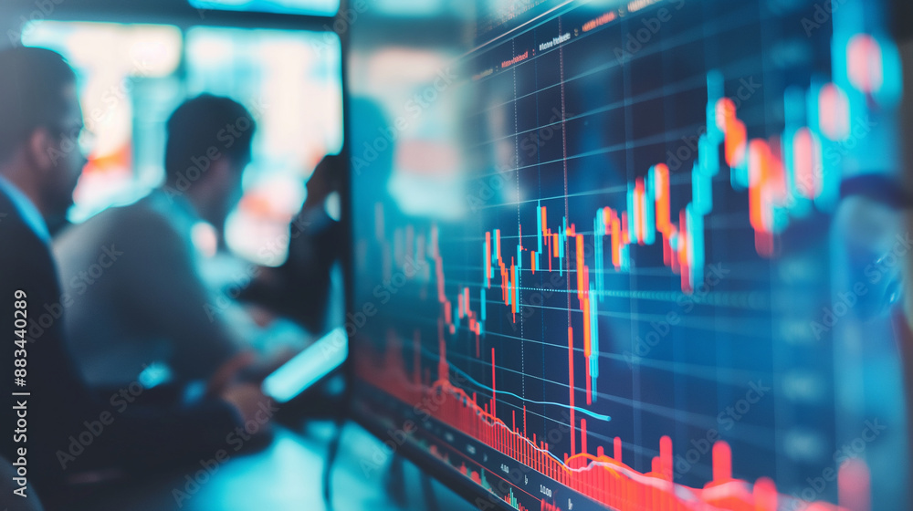 Poster a team of analysts discussing a line graph with a consistent upward trend, symbolizing ongoing finan