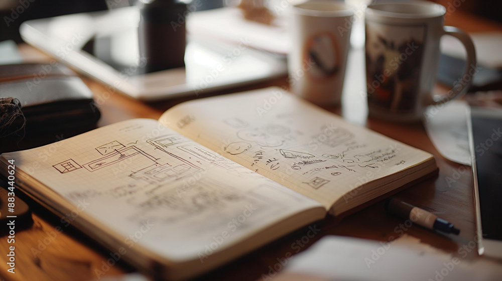 Poster close-up of a notebook filled with creative sketches and ideas, surrounded by coffee mugs and casual
