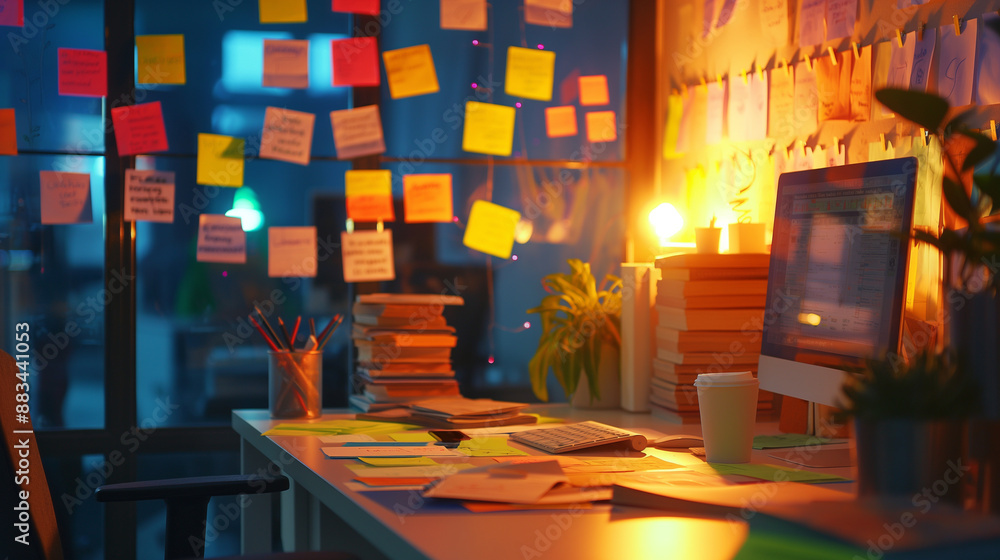 Poster a startup office with a creative corner filled with sticky notes, each representing a critical path 