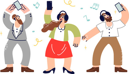 People dance listening to music on headphones and holding phones to manage playlists through mobile applications. Business men and women with gadgets in hands use wireless headphones