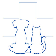 Illustration of an outline of a dog and a cat with a medical cross on a white background