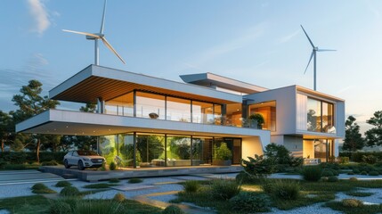 Obraz premium Suburban Modern home with a green energy focus, featuring a combination of wind and solar energy solutions