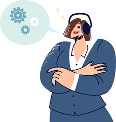 Woman support operator with headset on head stands with arms crossed and advises clients. Girl call center operator works in telephone sales industry, talking about benefits of urgent purchases.