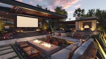 Fototapeta premium Suburban Modern home with an outdoor lounge that features a retractable roof, cinema screen, and cozy fireplaces