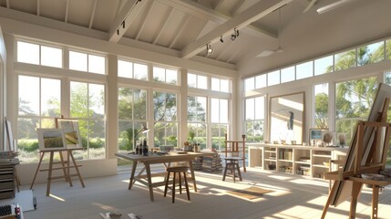 Fototapeta premium Suburban Modern home with an art studio, featuring large windows, ample natural light, and creative storage solutions