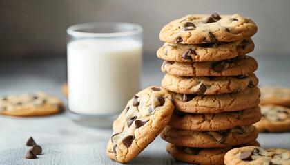 Stack of delicious chocolate chip cookies and milk on grey table