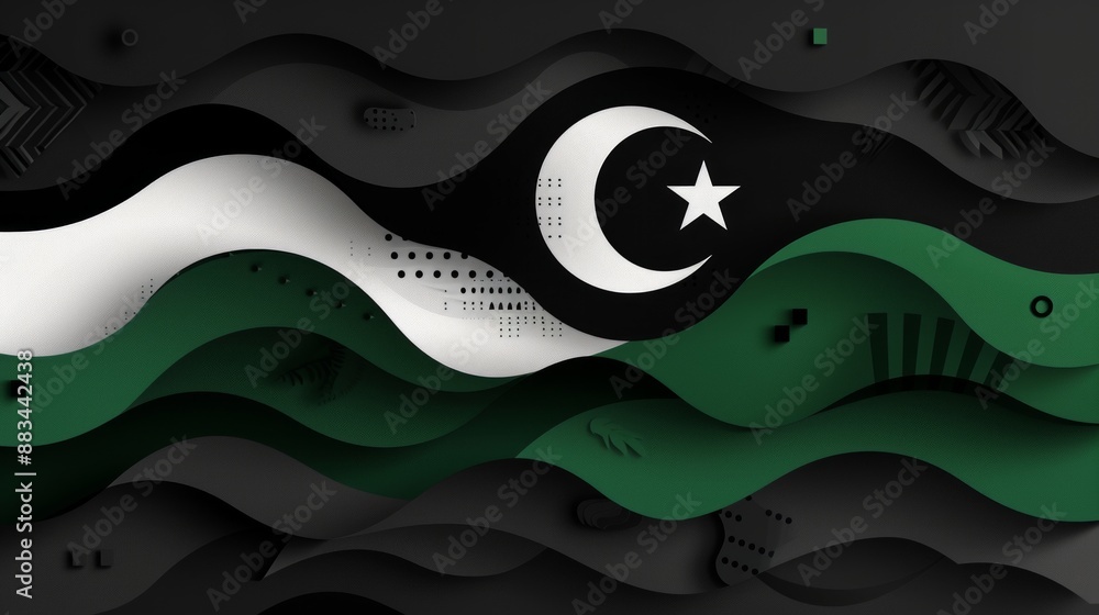 Poster libyan flag mockup with a wavy, paper-like texture. the flag is in a dark, abstract background, perf