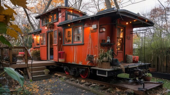 The vintage train caboose converted into a backyard retreat at a Suburban Colonial home, complete with cozy interiors and original details
