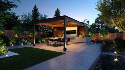 Obraz premium Suburban Modern home with a covered outdoor dining area, landscape lighting, and a built-in barbecue