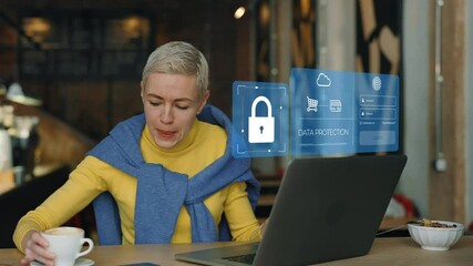 Woman working on laptop in cafe with data protection interface. VPN, Internet cyber security