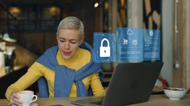 Woman working on laptop in cafe with data protection interface. VPN, Internet cyber security