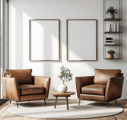 Modern Living Room with Two Leather Armchairs and 2 Empty Poster Mock-ups Templates