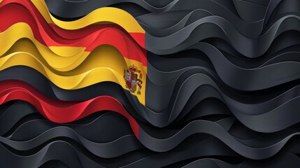 Fototapeta premium digital mockup of a waving Spanish flag on a black background with an abstract wavy texture.