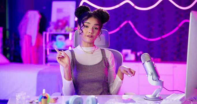 Face, microphone and woman influencer in home office for beauty, feedback or makeup product review. Podcast, content creation and portrait of girl streamer with cosmetic tutorial for online audience