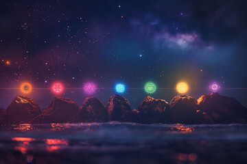 Chakra alignment with glowing symbols in vibrant rainbow colors on rocks by the sea spirituality concept. Banner with copy space