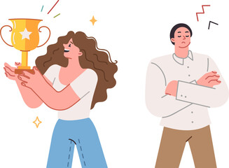 Superiority of woman received gold cup for winning competition, over loser man standing with arm crossed. Guy is jealous because of superiority of girl who has achieved best results in life