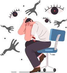 Paranoia and panic attack cause fear in business man who needs help of psychotherapist, sitting among hands of monsters. Office worker sees hallucinations due to paranoia caused by regular stress
