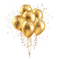 Balloon gold ballon birthday golden 3D background confetti party white. Balloon baloon ballon gold gift anniversary happy ribbon celebrate realistic isolated transparent color illustration card bunch.