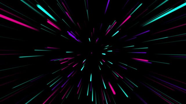 Glowing neon rays motion in space, lightspeed journey through time continuum in black background. 