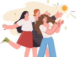 Group women reach out to star in sky together, wanting chance at success and good luck. Girls receive award in form of shooting star for excellent teamwork and desire for synergy or cooperation