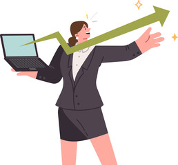 Business success for woman financial analyst seeing growing graph in laptop screen. Business lady manager rejoices at income growth and uses online banking to track dividends from investments