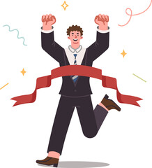 Man champion crosses finish line and raises hands up, celebrating victory in corporate relay race. Guy office manager achieves success and victory in career thanks to leadership thinking