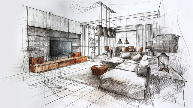 Interior designer drawing modern living room design on paper
