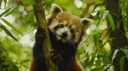 Fototapeta premium A charming red panda climbing a bamboo stalk in a lush forest, capturing its playful and curious nature