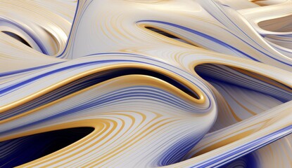 Blue and gold waves of curved shapes on a white background, rendered in 3D in the style of hd, high resolution.