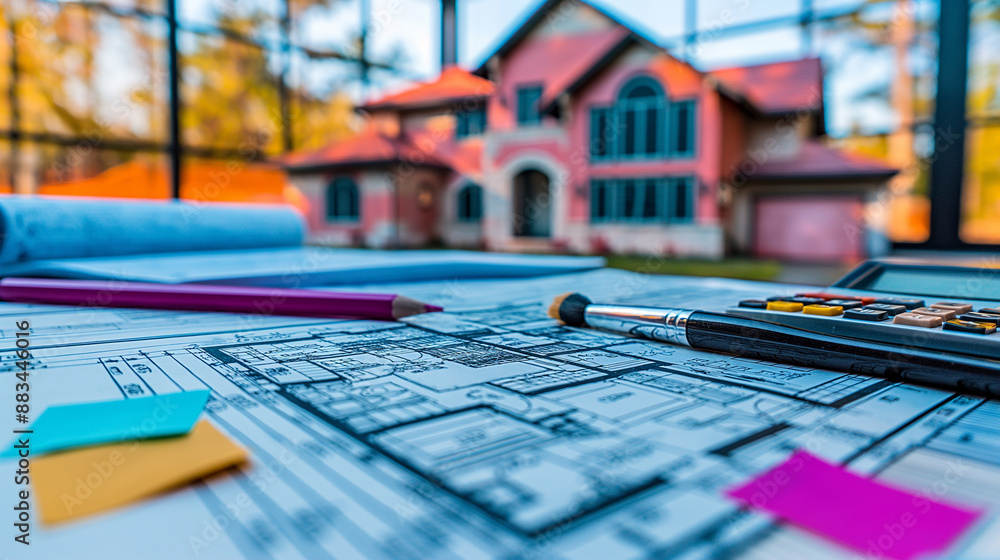 Aufkleber architect reviewing blueprints for a detached house project