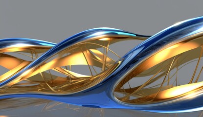 Blue and gold waves of curved shapes on a white background, rendered in 3D in the style of hd, high resolution.