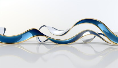 Blue and gold waves of curved shapes on a white background, rendered in 3D in the style of hd, high resolution.