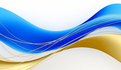 Blue and gold waves of curved shapes on a white background, rendered in 3D in the style of hd, high resolution.